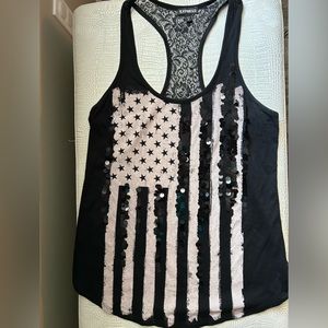 Express Black American Flag Tank w/ Sequins and Lace Back- Small